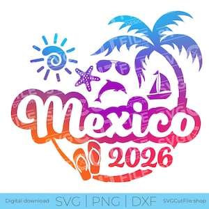 Könnte beinhalten: Ein farbenfrohes Grafikdesign mit dem Wort "Mexico" und der Jahreszahl "2026". Das Design beinhaltet Sonne, Palme, Sonnenbrille, Seestern, Delfin, Segelboot und Flip-Flops, alles in lebendigen Farben, für Urlaub.