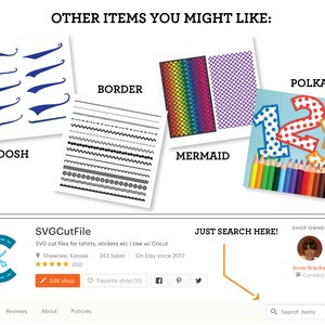 Puede incluir: Imagen que muestra varios archivos de corte SVG, incluyendo swooshes, bordes, escamas de sirena y n&uacute;meros de lunares. El texto "OTROS ART&Iacute;CULOS QUE TE PUEDEN GUSTAR" est&aacute; en la parte superior. El logotipo de la tienda y la barra de b&uacute;squeda tambi&eacute;n son visibles.