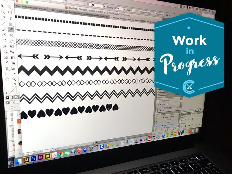 Puede incluir: Una pantalla de port&aacute;til que muestra un dise&ntilde;o con varios patrones de borde en blanco y negro, incluyendo l&iacute;neas discontinuas, flechas, zigzags y corazones. Un gr&aacute;fico hexagonal turquesa con las palabras "Work in Progress" est&aacute; superpuesto.
