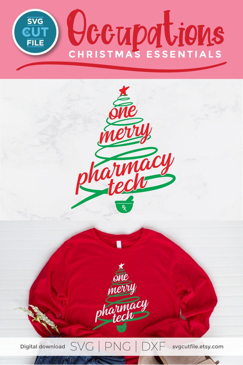 May include: A red long-sleeved shirt with a green Christmas tree design that says "one merry pharmacy tech" with a red pharmacy symbol at the bottom.