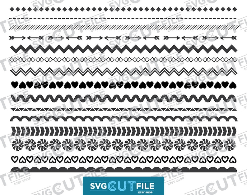 Puede incluir: Una colecci&oacute;n de dise&ntilde;os de bordes decorativos en blanco y negro. Los dise&ntilde;os incluyen varios patrones como diamantes, flechas, zigzags, corazones y elementos florales. La imagen tambi&eacute;n incluye el texto "SVG CUT FILE" en un rect&aacute;ngulo azul.