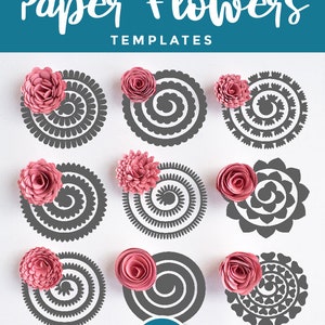 Puede incluir: Nueve plantillas de flores de papel diferentes en gris, dise&ntilde;adas para m&aacute;quinas de corte. Las plantillas est&aacute;n dispuestas en tres filas de tres, con una flor de papel rosa encima de cada plantilla. El texto "SVG CUT FILE" est&aacute; en un c&iacute;rculo en la parte inferior de la imagen.