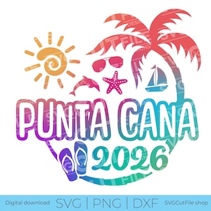 Op de afbeelding: Een kleurrijk grafisch ontwerp met de tekst "Punta Cana 2026" en strandthema-iconen zoals een palmboom, zonnebril en een zeilboot. Het ontwerp gebruikt een kleurengradiënt van onder meer oranje, roze en teal, perfect voor vakantie-gerelateerde producten.