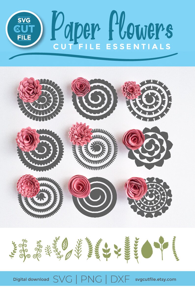 Puede incluir: Un conjunto de nueve archivos de corte SVG para flores de papel. Los archivos incluyen una variedad de formas y tama&ntilde;os de flores, as&iacute; como algunos tallos con hojas. Los archivos son perfectos para crear flores de papel para manualidades, decoraciones o scrapbooking.