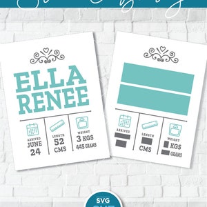 Metrische geboortekaartje, nieuwe aankomst baby snijden svg, geboortestatistieken digitaal sjabloonbestand, cameo gewicht hoogte dxf, gender reveal party