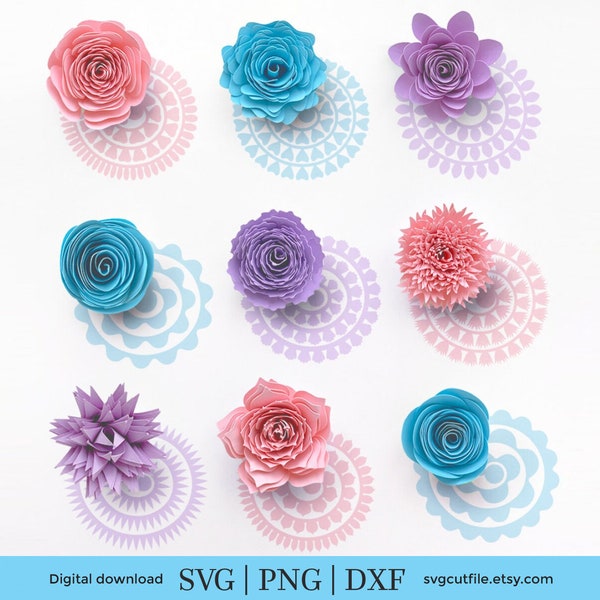 Rolled flower svg, rolled paper flowers svg, rolled rose, template, bundle, 3D felt fabric, foliage leaves, rosette svg dxf png, quilled svg