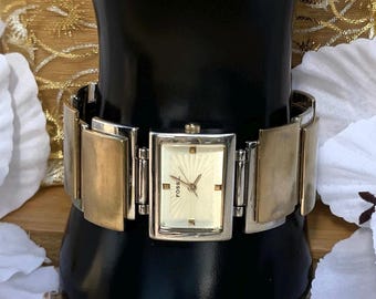 Fossil Analog Watch Vintage Rectangular, Two‑Tone, Stainless Steel & Gold‑Tone Bracelet