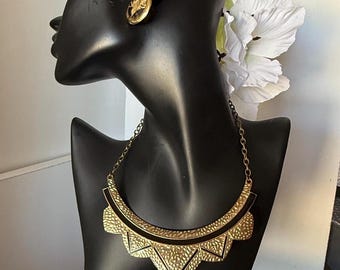Bib Necklace Vintage Brass Textured Boho Crescent & Triangular Motif