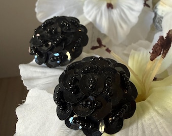 Vintage Black Sequin Cluster Earrings Glamorous Floral Design (c. Late 1980s to Early 1990s)