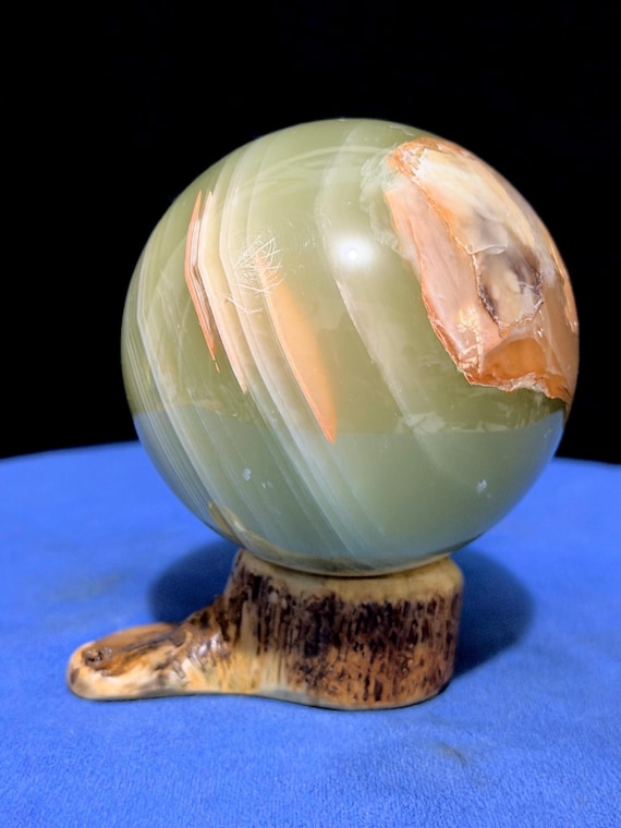 Banded Onyx Sphere with Hand Crafted Yellow Cedar Display Stand