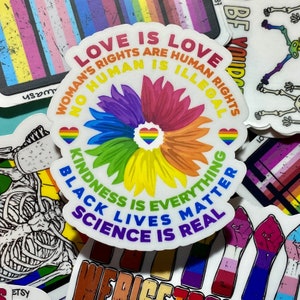 Sticker: Love is Love, Women's Rights, No Human is Illegal, Kindness is Everything, Black Lives Matter, Science is Real, Rainbow Daisy