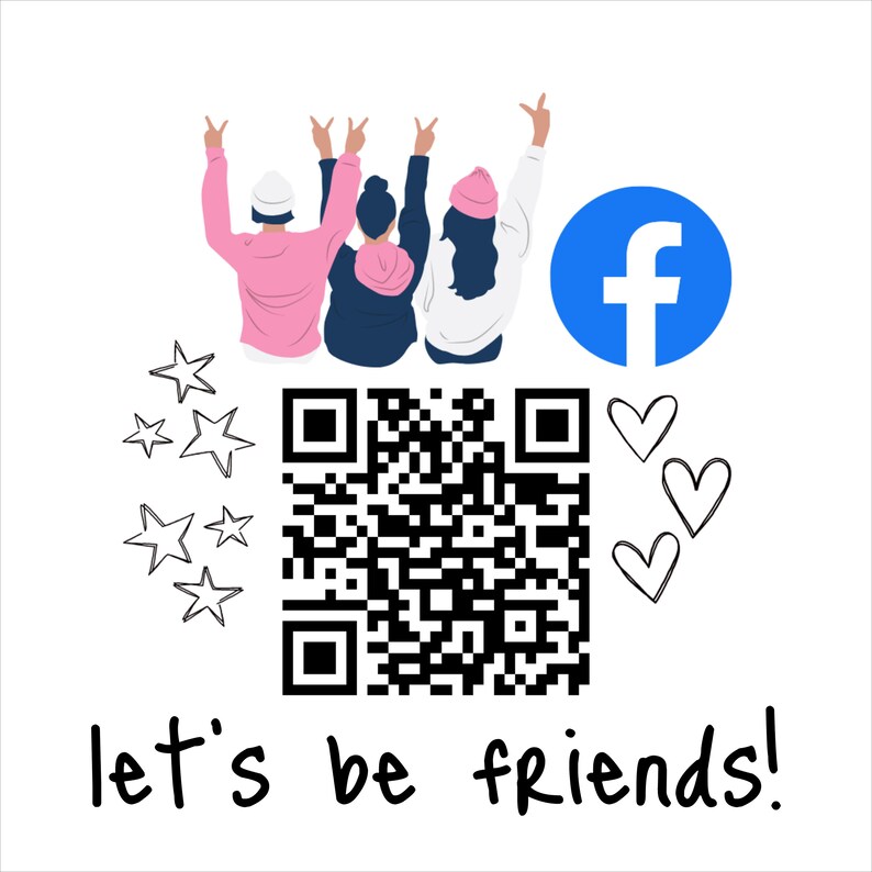 May include: Three cartoon figures with their arms raised in the air, wearing pink, blue, and white shirts, with a blue circle containing a white letter 'f' and a black and white QR code. The text 'let's be friends!' is below the QR code.