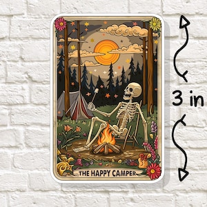 Happy Camper Skeleton Tarot Sticker | Funny Dark Humor Camping Vinyl Decal for Hikers & Outdoor Lovers