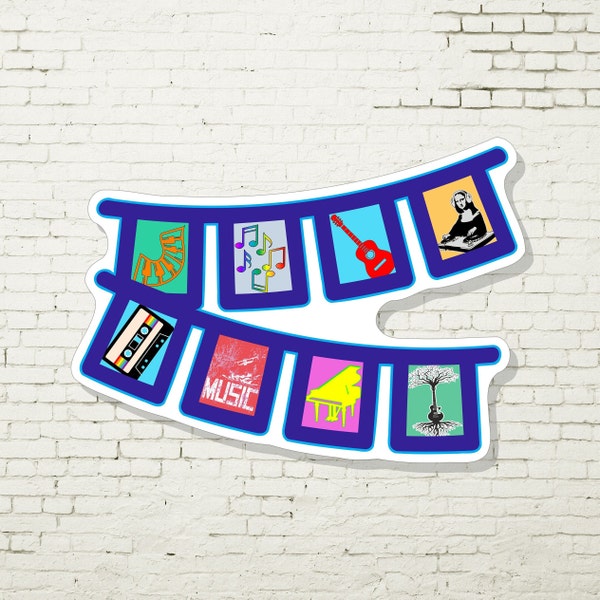 Sticker: Musical Prayer Flags. Multicolor Prayer Flags Celebrating Music. Musical Decal, Each Flag With A Different Musical Symbol