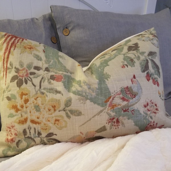 Linen.Birds.Greens.Floral.Summer Pillow Covers.Toss Pillows.Throw Pillows.Cushion Covers.Slipcovers.Home Decor.