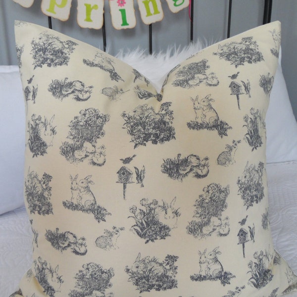EASTER Toile Yellow Beautiful Bunny Print.Pillow Covers.Farmhouse Decor.Country Living.Easter Pillow Cover.Slip Cover.Spring Toss Pillow