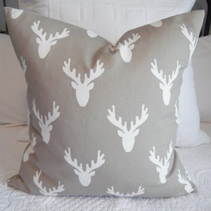 Stag Heads on Taupe.Creamy White.Cabin Decor.Lodge Decor.Farmhouse Decor.Country.Toss Pillows.Throw Pillows.Slipcovers.Pillows