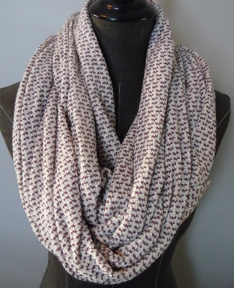 INFINITY SCARVES.Plum.White.Knit.Scarf.Circle Scarf.Tube Scarf.Neckwarmer.Gift ideas.Winter Scarf.Fall Scarf.Winter FashionScarves. image 1