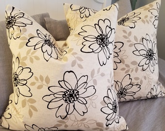 Floral Cotton Flax Pillow Cover: Black, Natural, and Grey Accent Pillow