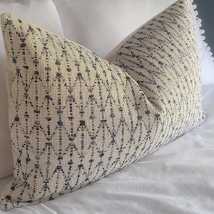 May include: Two decorative throw pillows with a white background and a blue and gray geometric pattern. The pillows are on a white bed.