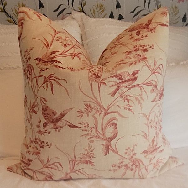 Aviary Toile Rouge Pillowcover. Linen Blend Bird on branch Toile. Slipcovers. Red.