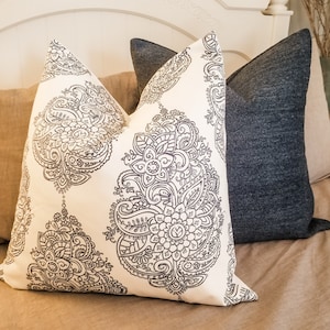 2 COLORS:Large Floral Crest.Blues.White.Orange.Farmhouse Pillow.Accent Pillow.Spring/Summer/Fall Toss Pillow.Throw Pillow.Pillow Cover.