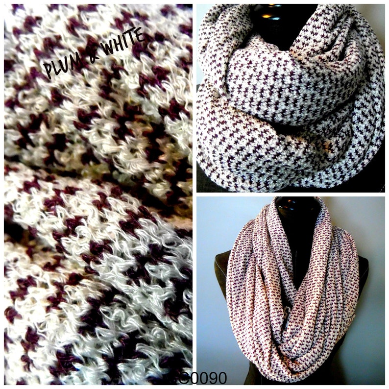 INFINITY SCARVES.Plum.White.Knit.Scarf.Circle Scarf.Tube Scarf.Neckwarmer.Gift ideas.Winter Scarf.Fall Scarf.Winter FashionScarves. image 2