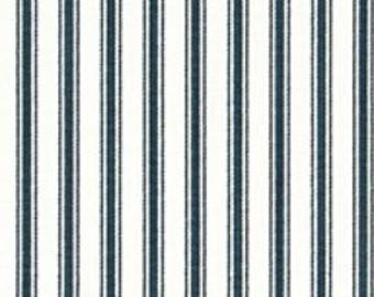 May include: Vertical striped fabric in white and navy blue. The stripes are evenly spaced, with a thin navy blue stripe flanked by two white stripes. The fabric has a simple, classic design suitable for various home decor projects.