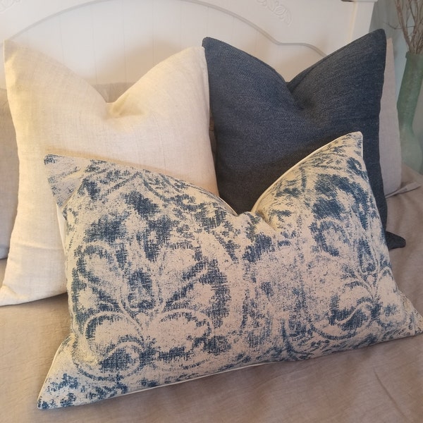 3  Colors:P Kaufmann,Damask.Linen Blend.Navy.Neutral Beige. Grey and White.Red.Toss Pillows.Throw Pillows.Slipcovers.Pillowcovers.Accents