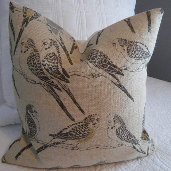 Burlap.Jute.Ticking.Naturals.Black.Yellow Gold.Blue Grey Birds on a branch.Spring Pillow Cover.Summer PIllow Covers.Slip Covers.BIRDS.