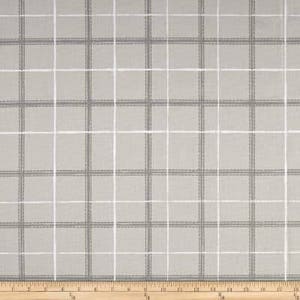 May include: A close-up of a gray and white plaid fabric with a subtle texture. The fabric has a woven appearance and is suitable for various sewing and crafting projects.