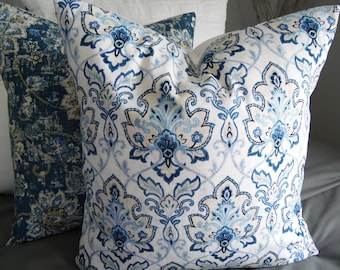 Blue Garden Damask Pillow Cover: Farmhouse Toss Pillow