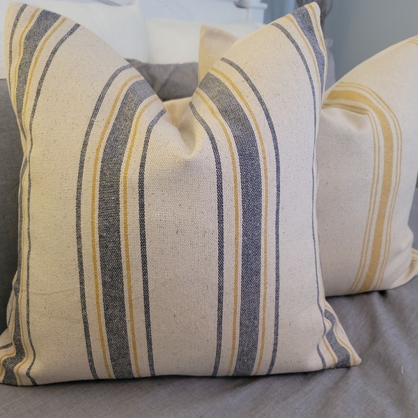 NEW Grain sack Blue/Gold/Natural stripe Pillowcovers.Farmhouse PIllows.Accent Pillows.Slipcovers