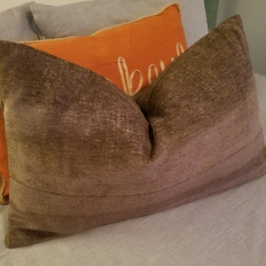 May include: A brown velvet pillow with a subtle shimmer, featuring a decorative seam down the center. The pillow is resting on a light blue fabric surface.