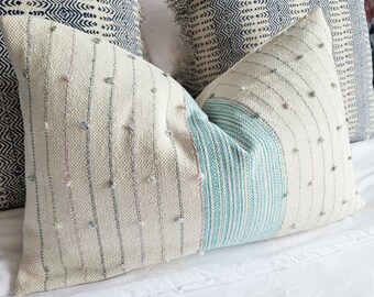 Bohemian Pillowcovers.Slipcovers.Aqua Dots, Stripe.Toss Pillows.Throw pillows.Accent Pillows.Woven.