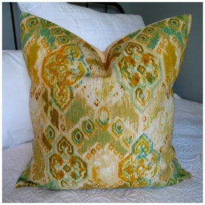Fundas de almohada IKAT de peso suave para tapicería. Fundas. Decoración del hogar. Decoración rústica. Decoración campestre. Verdes. Cremas. Oliva. Dorados. Funda de almohada. Turquesa.