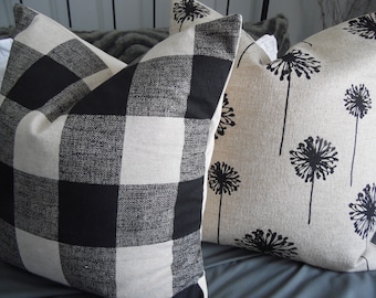 Dandelion Pillow Cover: Black Print Cotton Slub, Farmhouse Cushion