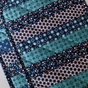 May include: Two quilted pot holders with a patchwork design. The design features alternating stripes of navy blue, teal, and patterned fabrics with floral and geometric motifs. The pot holders have rounded corners and a quilted texture.
