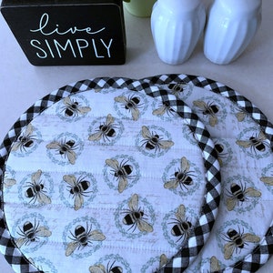 Hot Pads, Set of 2, Bees, Nature, Kitchen Linen, Matching Potholders, 8" Round, Quilted, Reversible, Trivet, Housewarming Gift