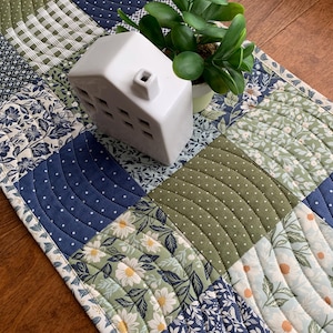 Quilted Table Runner, 13 3/4” x 40 3/4”, Blue, Sage Green, Navy, Cream, Table Centerpiece, Handmade, Gift for Mom, Housewarming, Home Decor