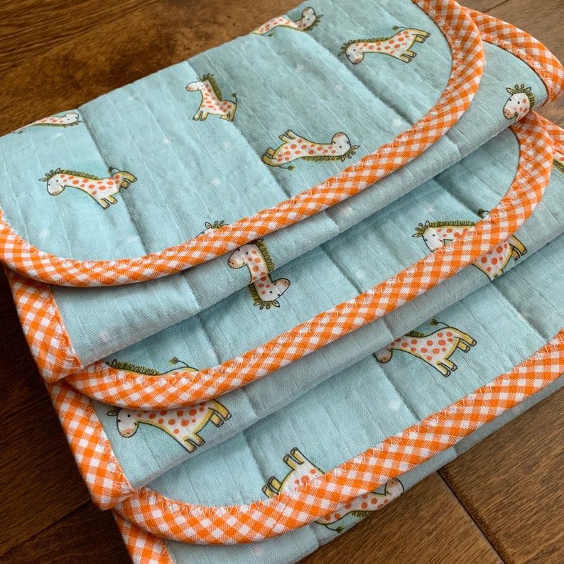 Double Gauze Gingham Check Boy or Girl Giraffe Cotton Gauze Baby Burp Cloths Quilted Little Me Unique Baby Gift Muslin Orange Blue