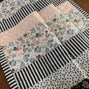 Floral Baby Girl Quilt, Black White Pink Teal, Nursery Crib Bedding, Handmade Baby Gift, Baby Girl Blanket, Flowers, Checks, Stripes