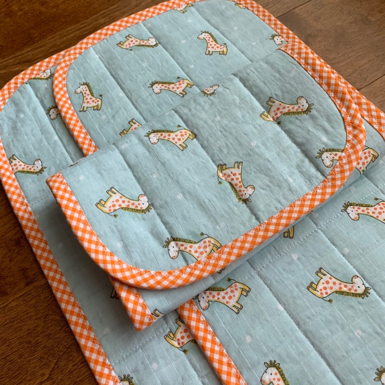 Double Gauze Gingham Check Boy or Girl Giraffe Cotton Gauze Baby Burp Cloths Quilted Little Me Unique Baby Gift Muslin Orange Blue