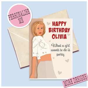 Gepersonaliseerde Christina Popstar Miss Aguilera Happy Birthday Card - iconische wenskaart uit de jaren 90 voor een baby uit de jaren 90 Y2K illustratie tekening
