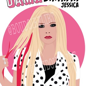 May include: A birthday card featuring a cartoon illustration of a woman with blonde hair and black and white polka dot clothing. The text on the card reads "Have the best DAMN BIRTHDAY Jessica".