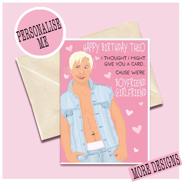 Personalised Ryan Gosling Movie Happy Birthday Card -Boyfriend - Girlfriend 2000s Y2K 90's Doll - Margot Robbie postcard illustration Gift