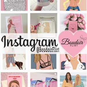 May include: A collage of images featuring various illustrations and designs. The images include a woman wearing a polka dot shirt, a mug with a design of women wearing pajamas, a woman wearing a green bra and a snake, a card with the text "Happy Birthday", a framed illustration of a woman in lingerie, a bouquet of pink roses with a card that says "Self Care", a woman wearing a blue and white striped shirt and shorts, a woman wearing a black lace bra, a woman wearing a white shirt with pigtails, a card with the text "Oops it's your birthday again!" and a pink and white striped beach hut, and two women wearing floral print dresses.