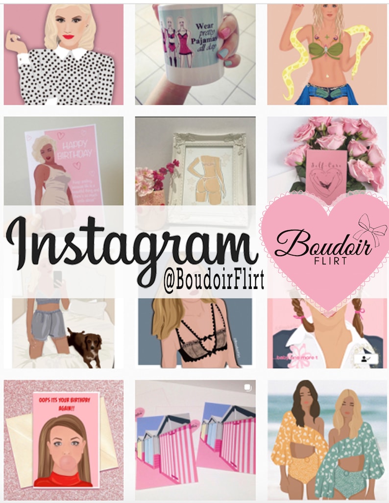 May include: A collage of images featuring various illustrations and designs. The images include a woman wearing a polka dot shirt, a mug with a design of women wearing pajamas, a woman wearing a green bra and a snake, a card with the text "Happy Birthday", a framed illustration of a woman in lingerie, a bouquet of pink roses with a card that says "Self Care", a woman wearing a blue and white striped shirt and shorts, a woman wearing a black lace bra, a woman wearing a white shirt with pigtails, a card with the text "Oops it's your birthday again!" and a pink and white striped beach hut, and two women wearing floral print dresses.