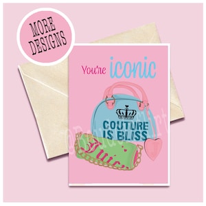 Vintage Juiciness Fashion Couture sac à main inspiré carte d'anniversaire de l'an 2000 - carte de voeux juteuse mode bébé nostalgie amour des années 90 et 2000