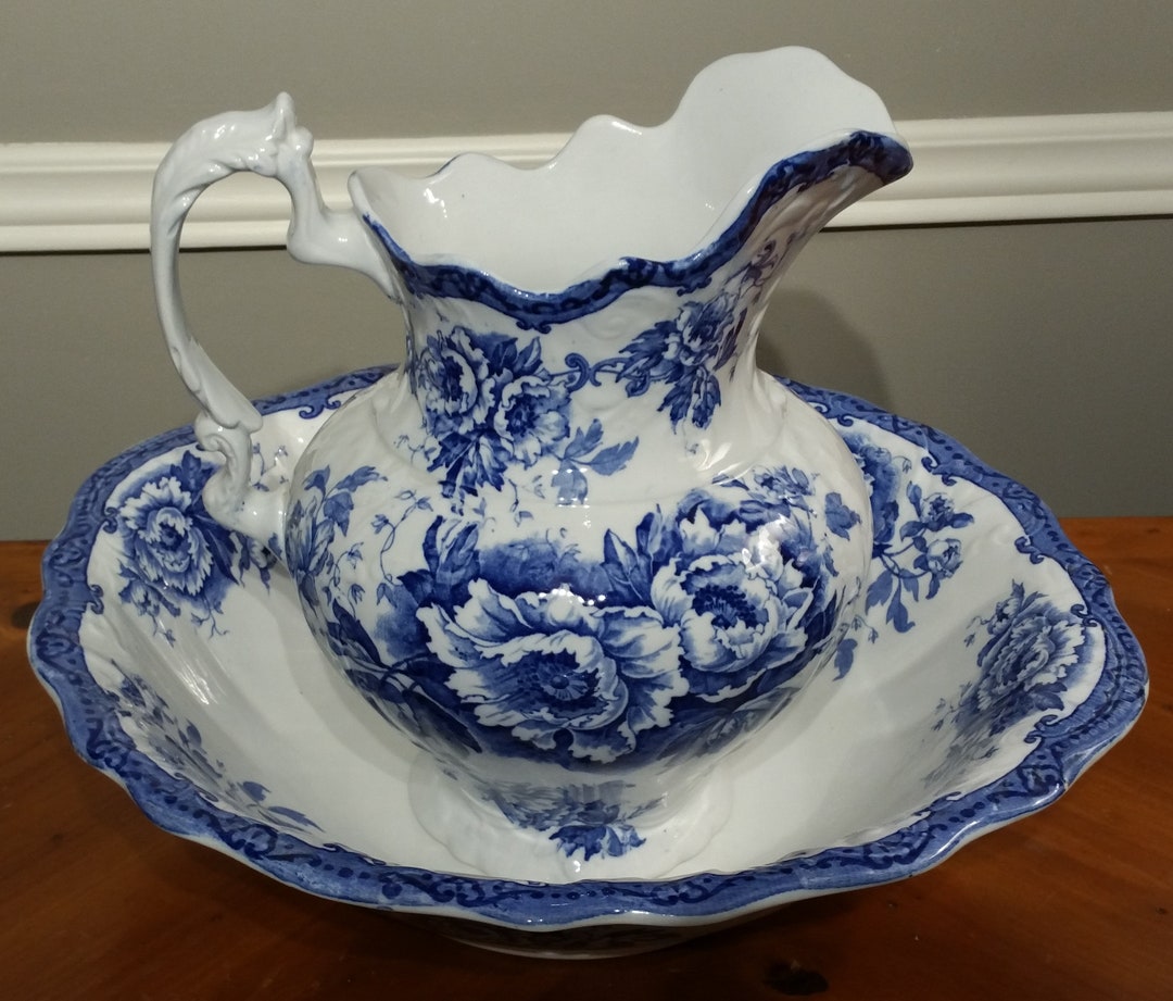 C. 1900 Blue Transferware Jug and Basin Set by F. Winkle/colonial ...